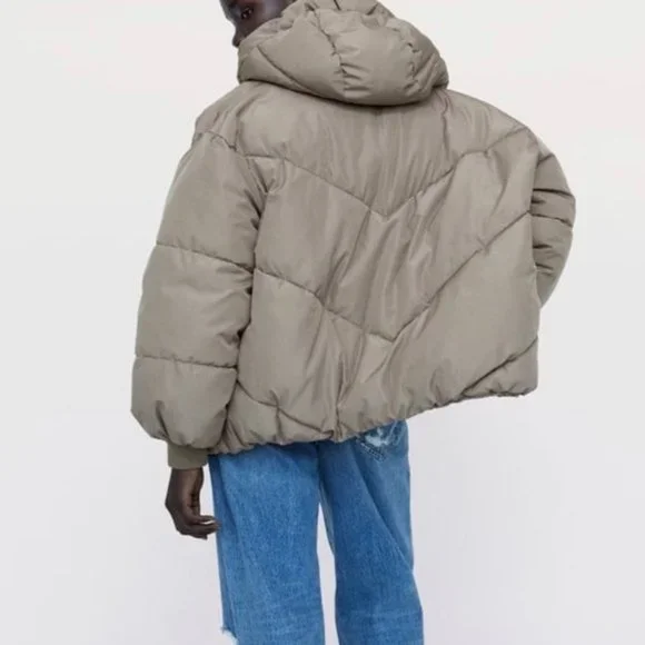 Zara Puffer Short Cropped Nude Taupe Puffer Hooded Winter Jacket Coat - Picture 3 of 6